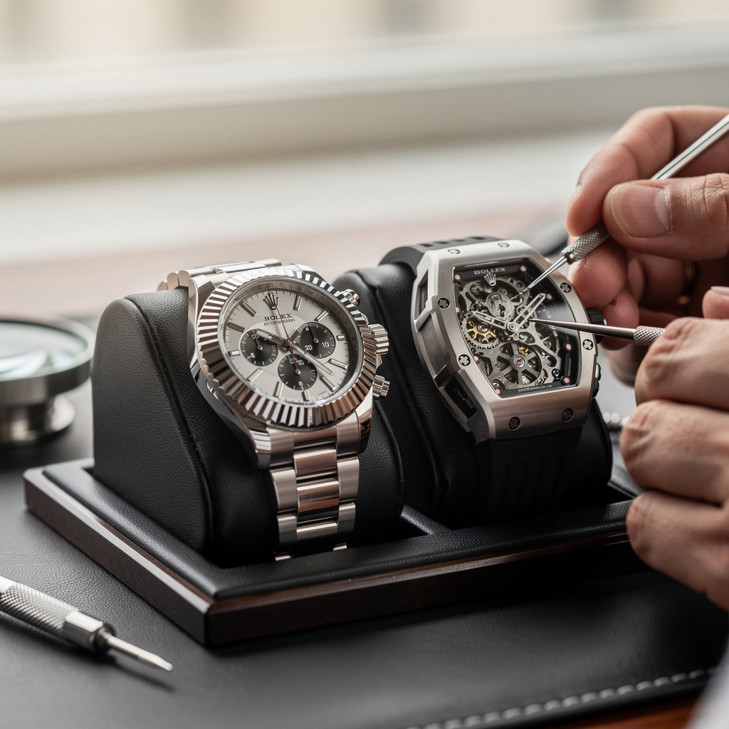 Luxury curated collection of premium Rolex and Richard Mille luxury watches displayed in Brownsville, TX showroom